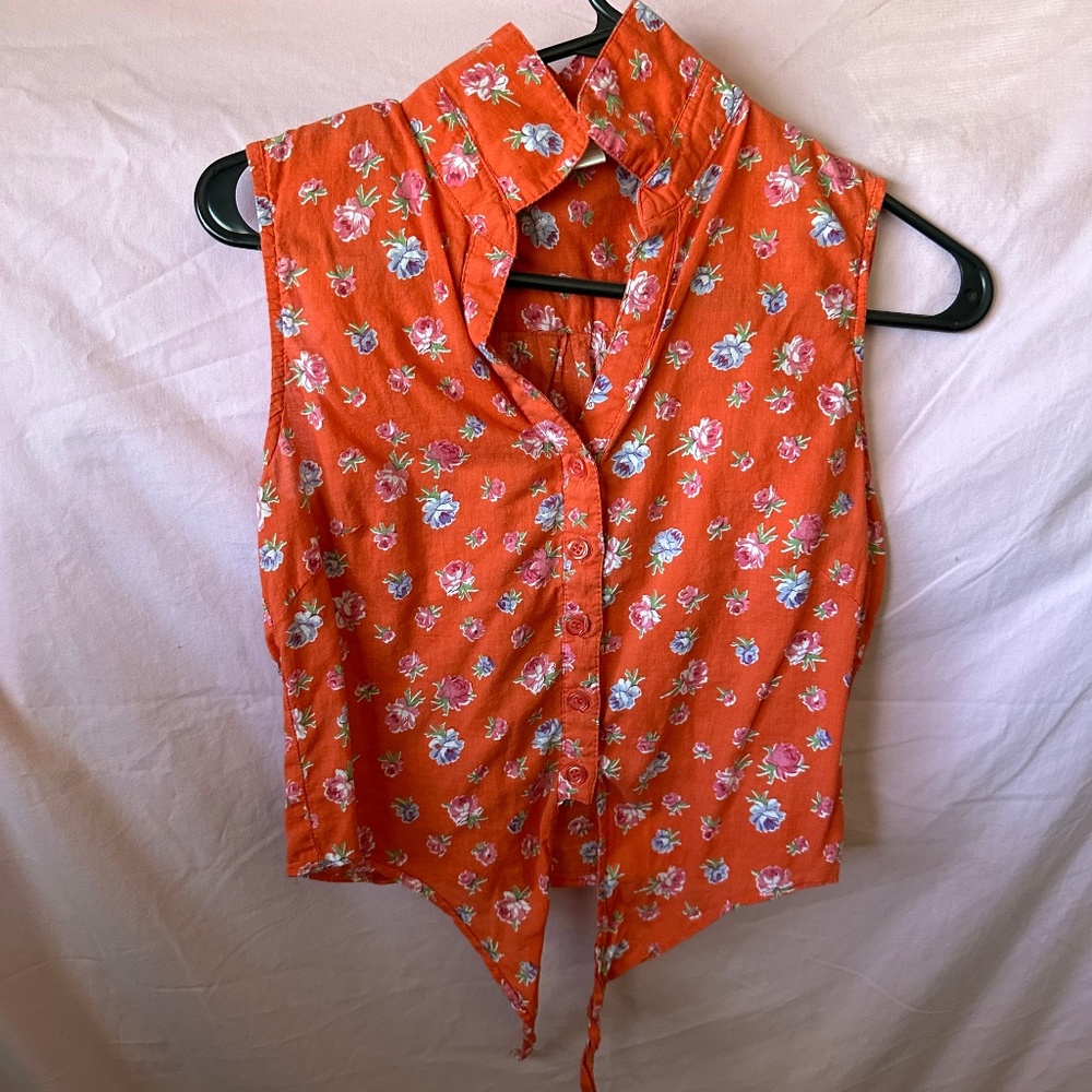 Orange floral collared tie-up crop blouse Lolita brand